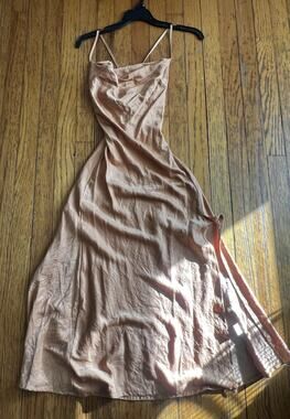Hello Molly Dress Womens XS Beige Satin Cowl Neck Tie Back Slip Maxi Formal